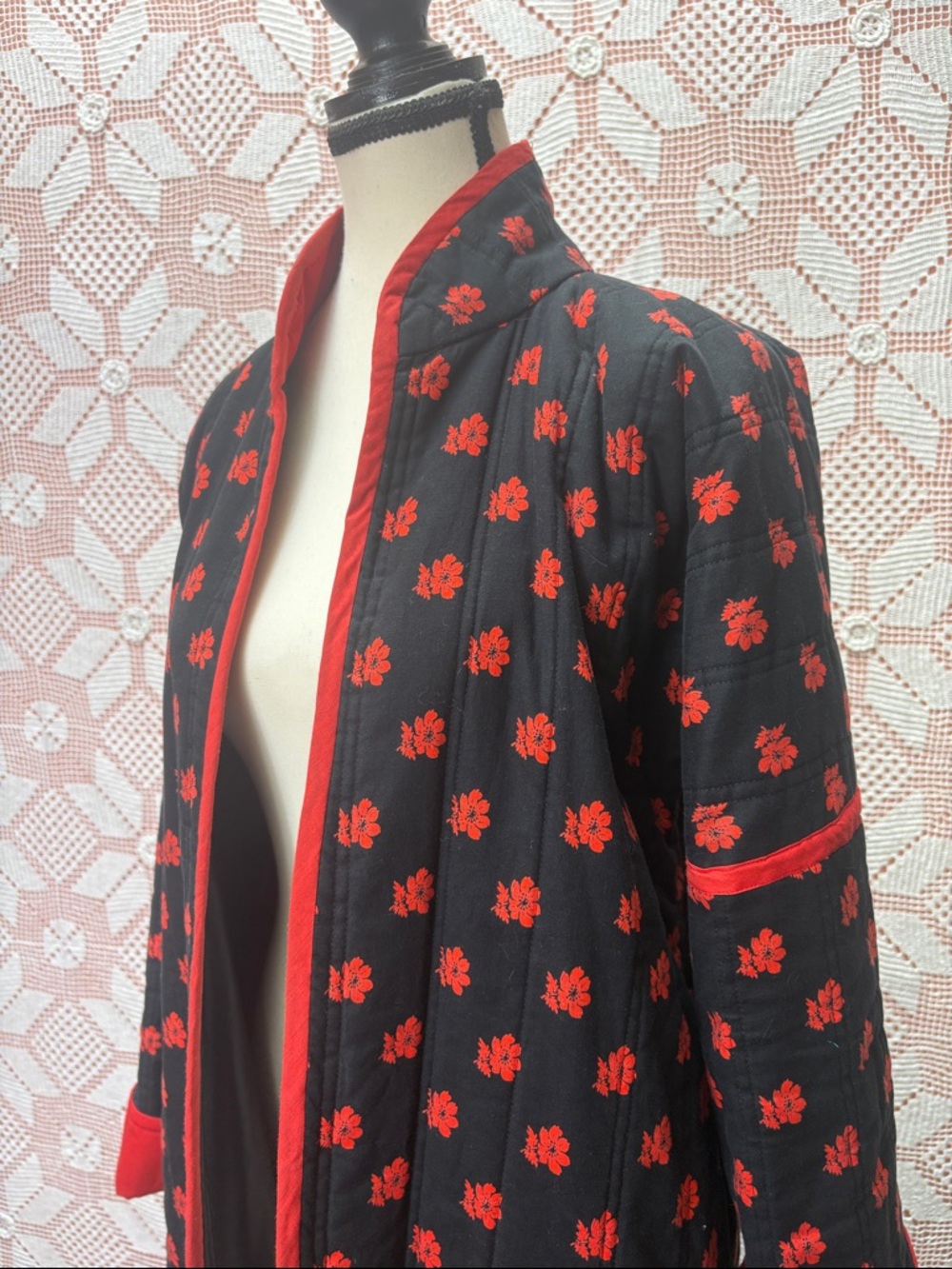 Vintage Black & Red Floral Quilted Duster Robe – Gothic Prairie - Picture 13 of 13